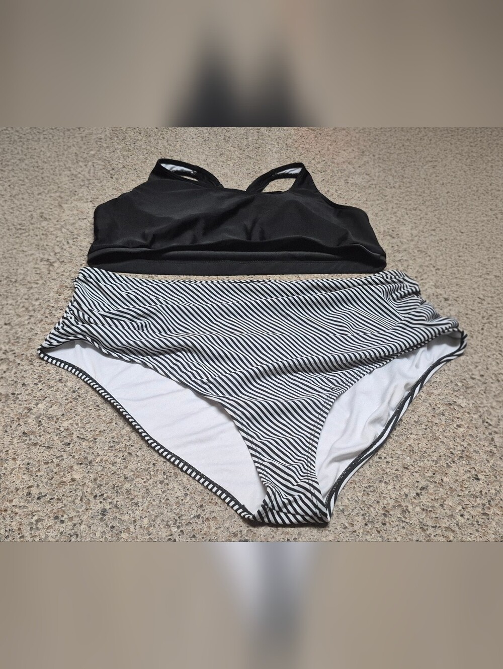 Strappy Back Plus Size 3XL Bikini Swimsuit Set Black Crop Top Striped High Waist